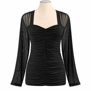 The Pyramid Collection Spellbound Ruched Mesh Long Sleeve Top Black 1X NEW